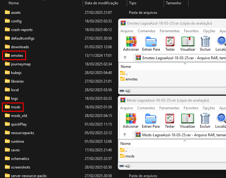 Captura de tela mostrando as pastas de mods e emotes